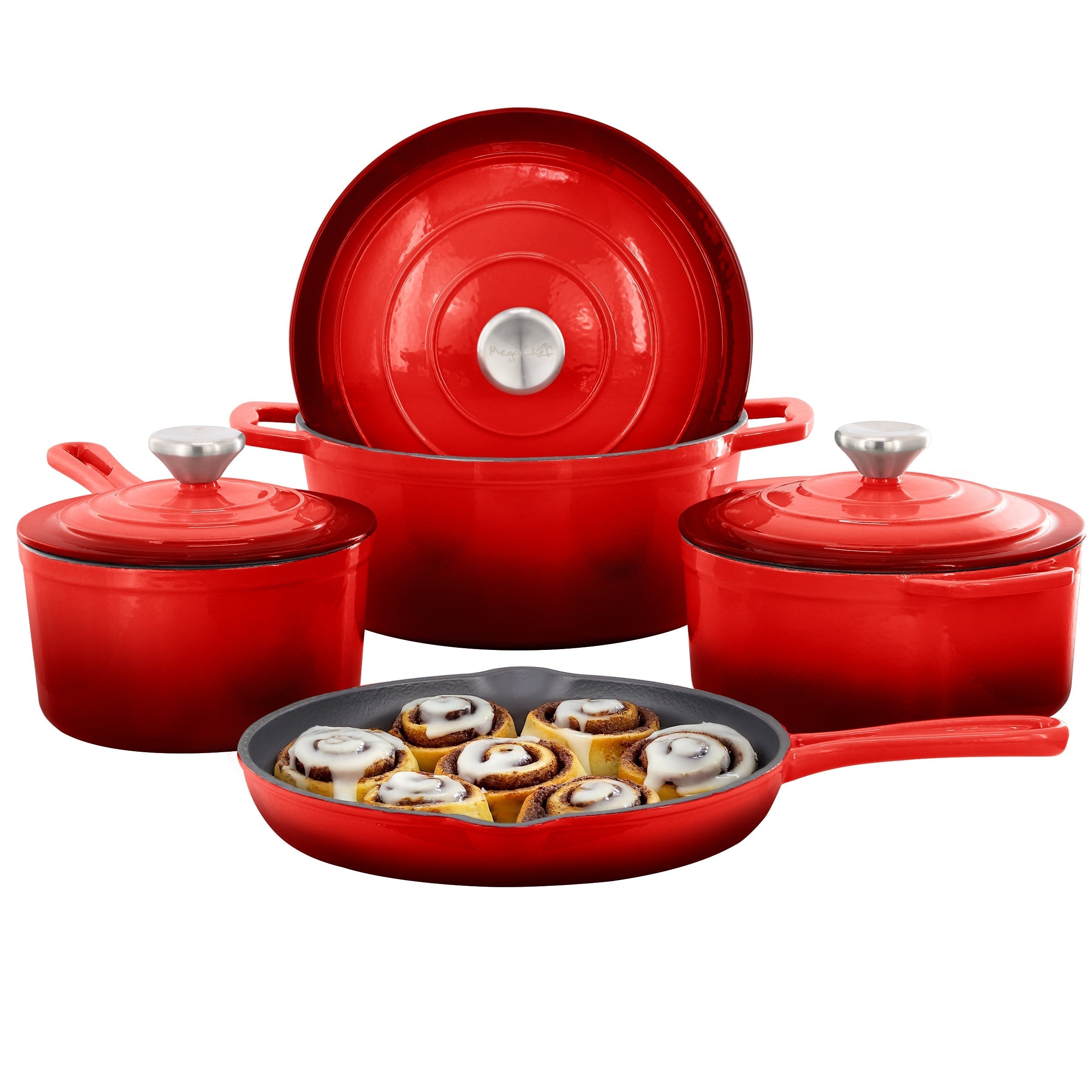 7 Piece Enameled Cast Iron Cookware Set in Red