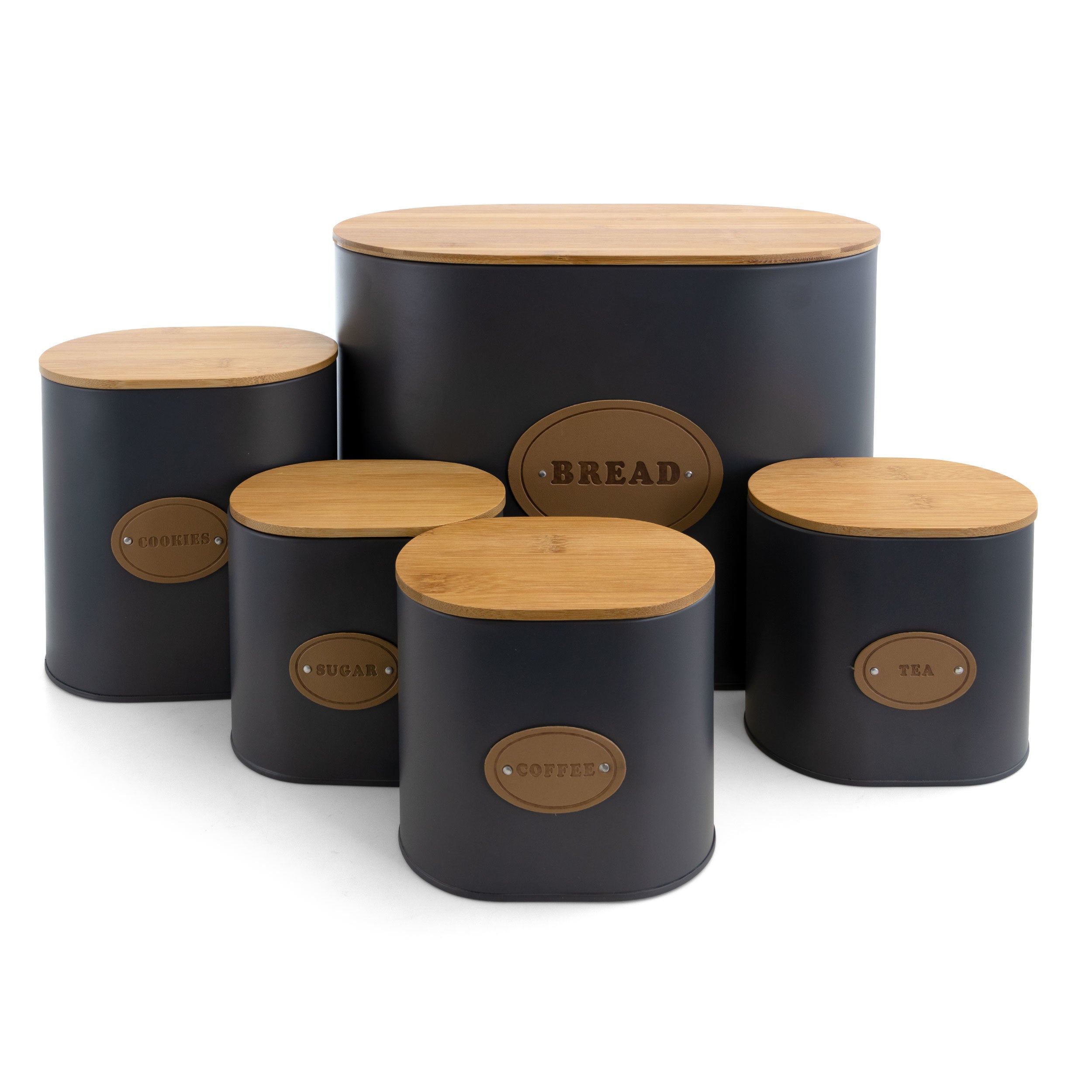 Kitchen Food Storage and Organization 5 Piece Canister Set in Grey with Bamboo Lids