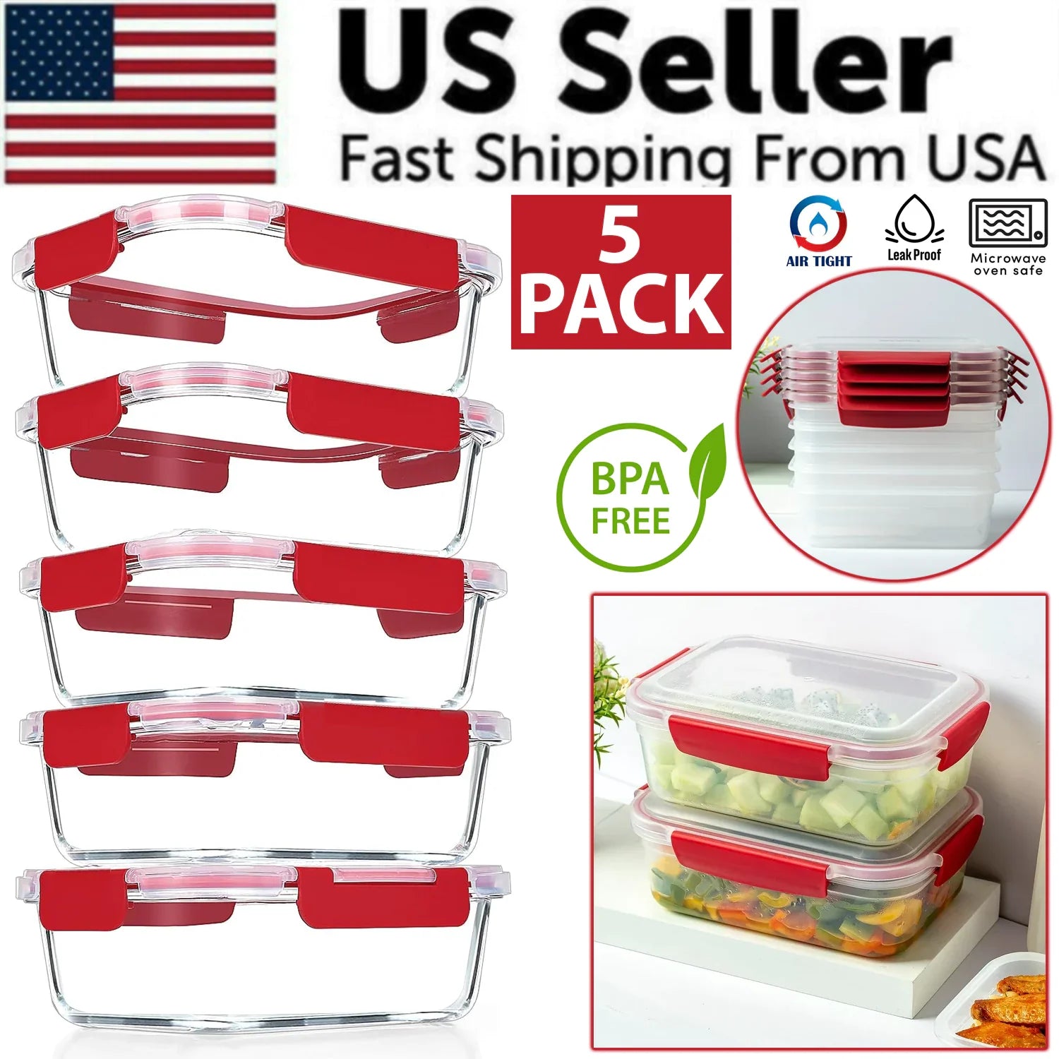 5 Pack Stackable Airtight Food Storage Containers with Snap Lock