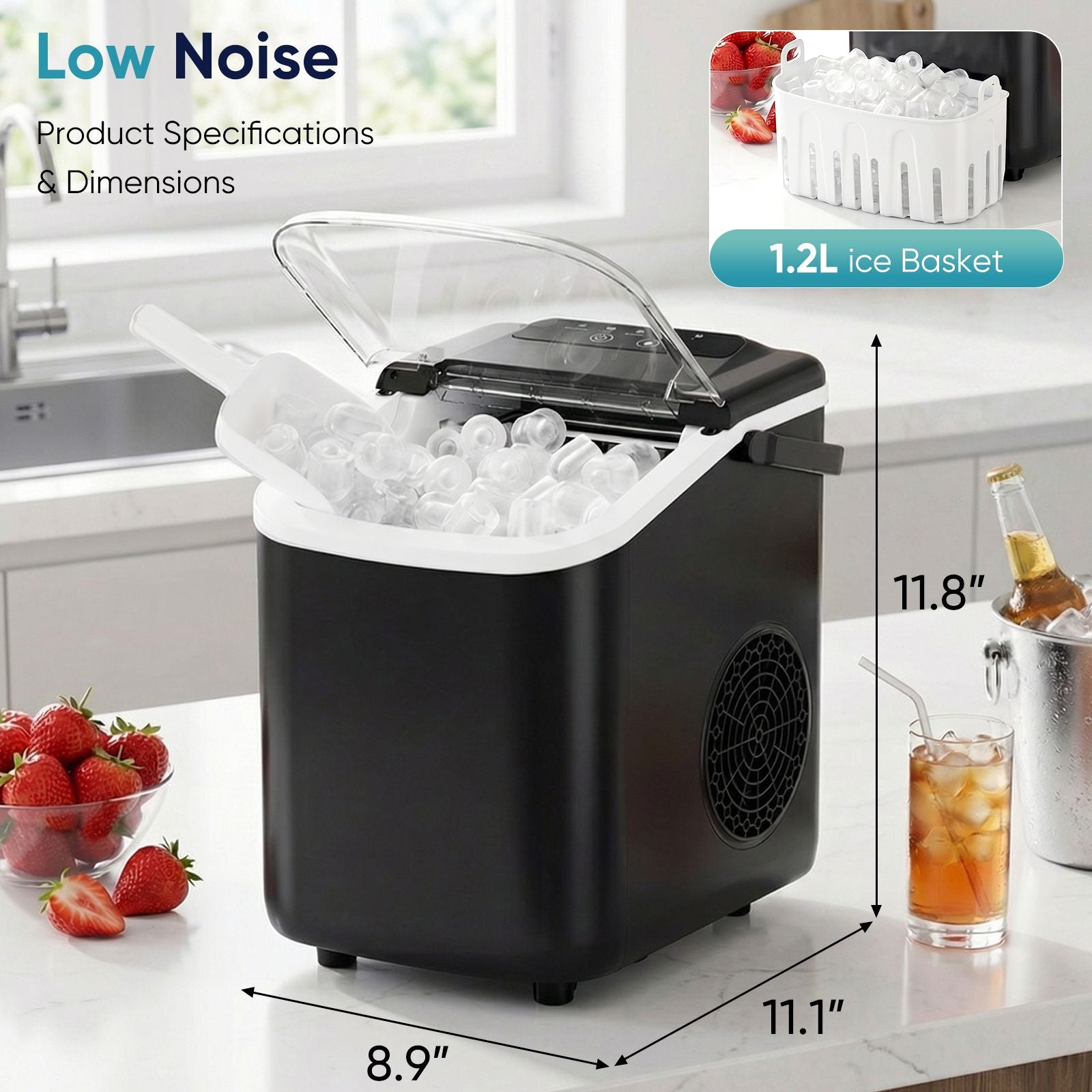 Desktop ice maker, with movable handle, can produce 9 ice balls in 6 to 8 minutes, equipped with a basket and a spoon