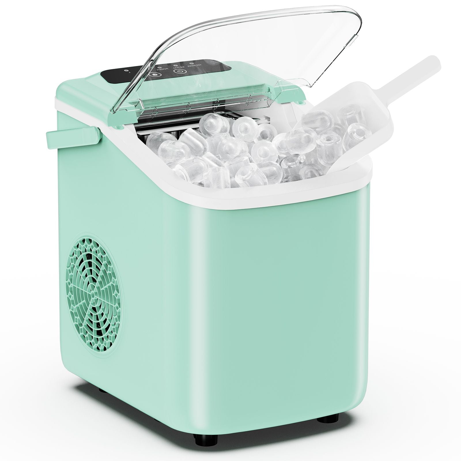 Desktop ice maker, with movable handle, can produce 9 ice balls in 6 to 8 minutes, equipped with a basket and a spoon