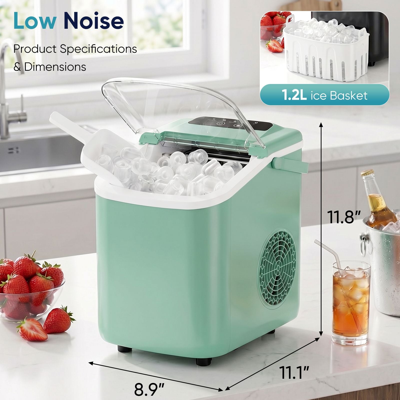 Desktop ice maker, with movable handle, can produce 9 ice balls in 6 to 8 minutes, equipped with a basket and a spoon
