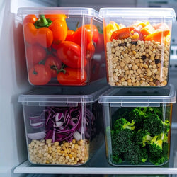 Containers of vegetables and grains on a refrigerator shelf